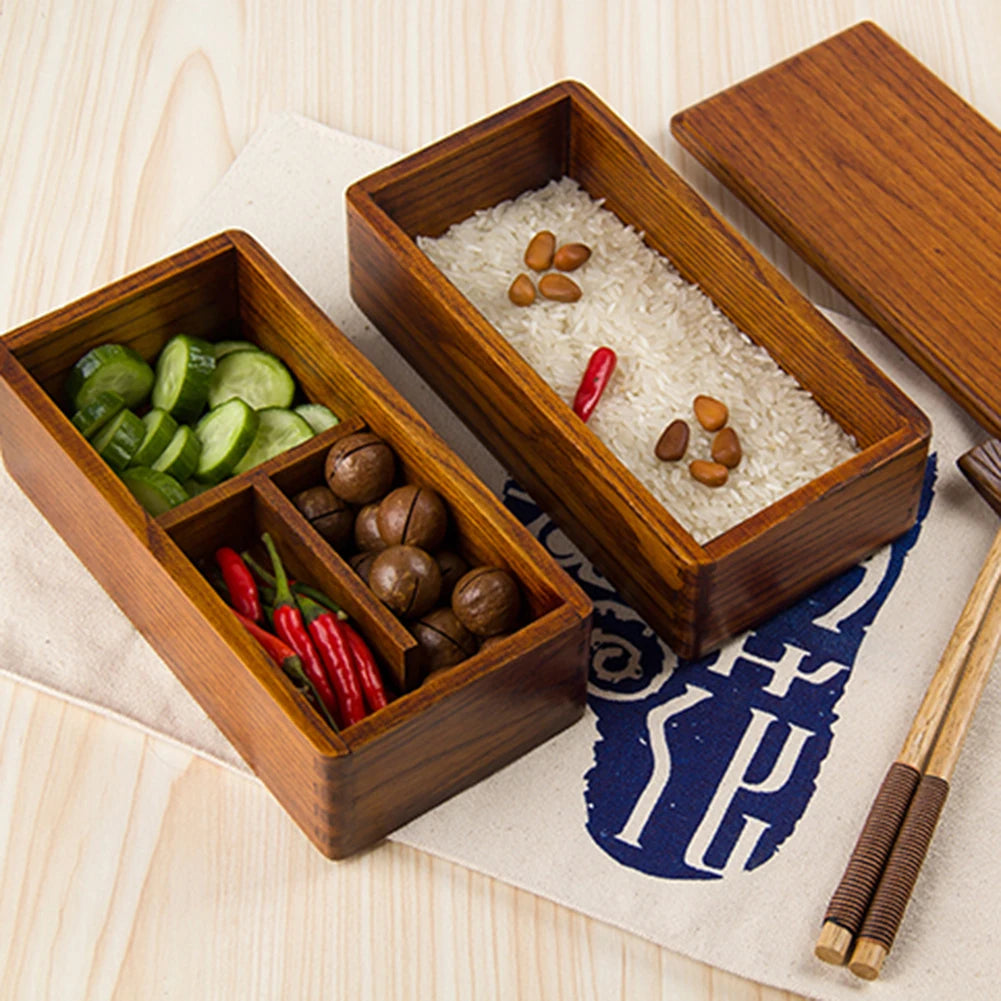 Double Layer Bento Box - Wooden Lunch Box for Home, Kids, Camping & Picnic