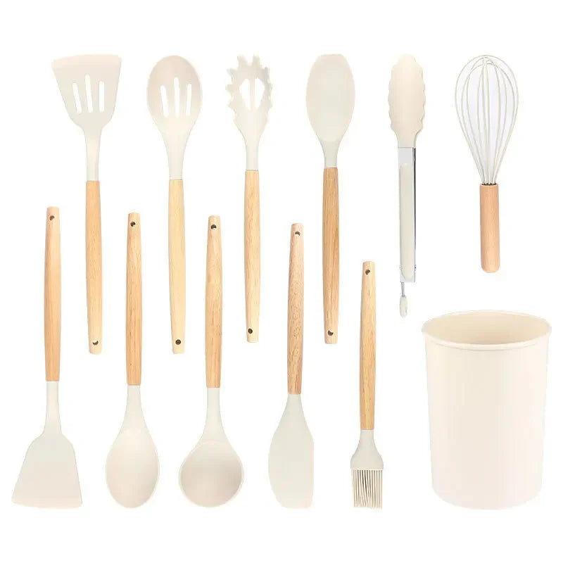 12-Piece Silicone Kitchen Utensil Set with Wooden Handles – Non-Stick Cooking Tools, Spatula, Soup Spoon, Premium Cookware Set