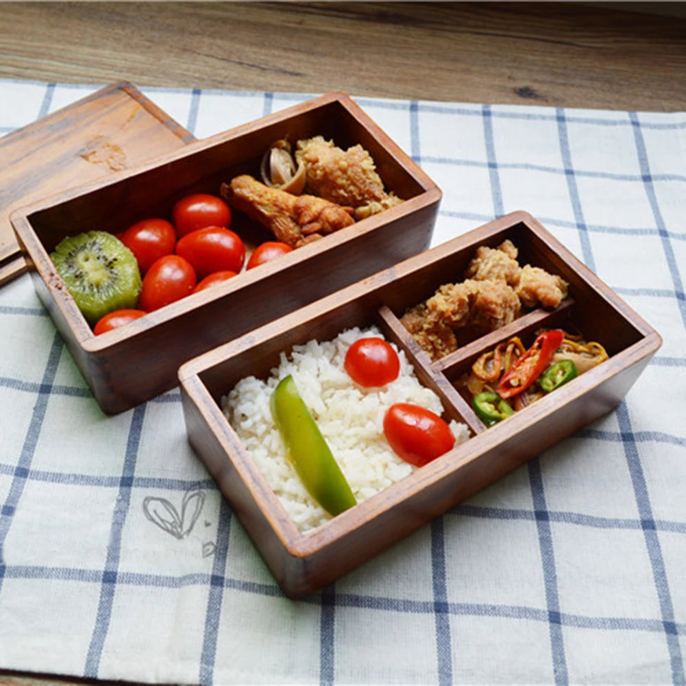 Double Layer Bento Box - Wooden Lunch Box for Home, Kids, Camping & Picnic