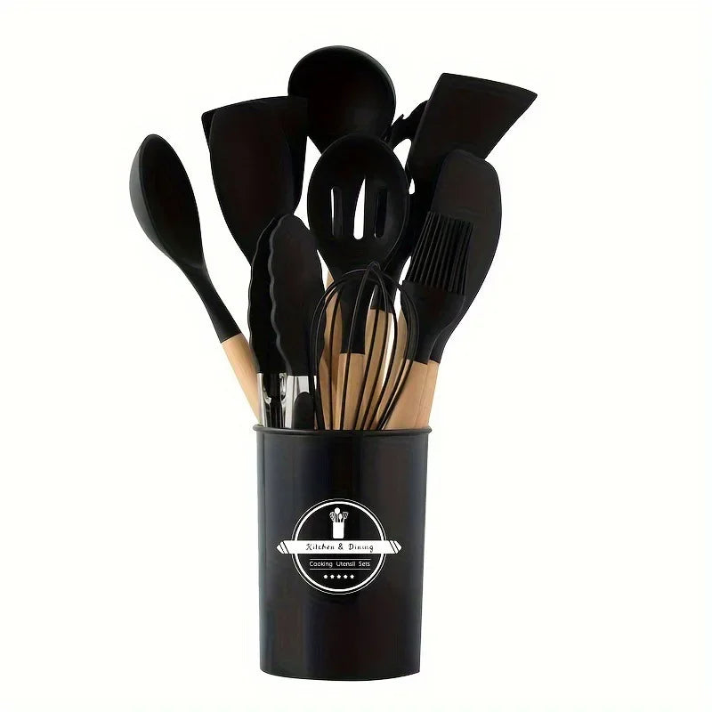 12-Piece Silicone Kitchen Utensil Set with Wooden Handles – Non-Stick Cooking Tools, Spatula, Soup Spoon, Premium Cookware Set