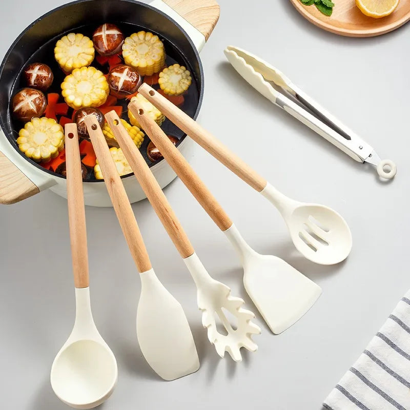 12-Piece Silicone Kitchen Utensil Set with Wooden Handles – Non-Stick Cooking Tools, Spatula, Soup Spoon, Premium Cookware Set